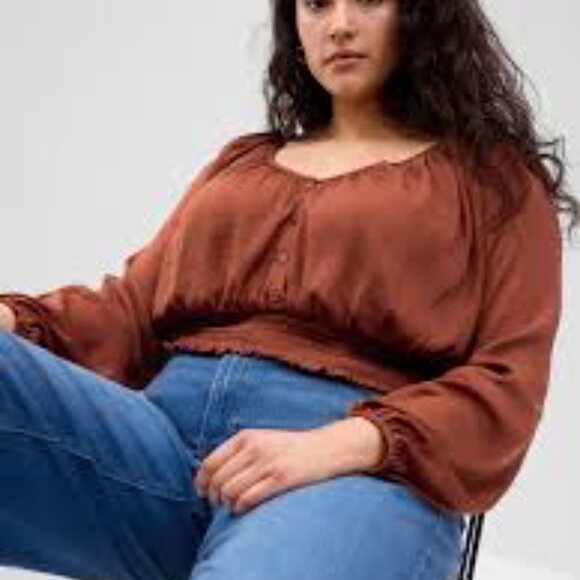 GAP copper brown button-front smocked hem top (L) - NWOT - Picture 3 of 6